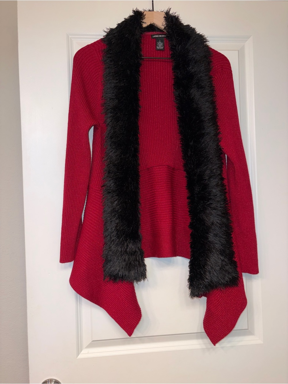 Lauren Michelle Red Open-Front Sweater Cardigan with Black Faux-Fur Trim